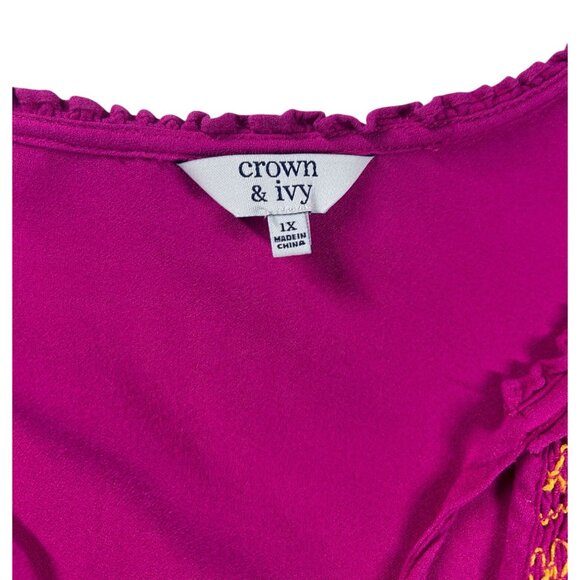 Crown & Ivy Bohemian Short Sleeve Top Women's‎ 1X Deep Pink Smocked Hem Rayon - Picture 6 of 7